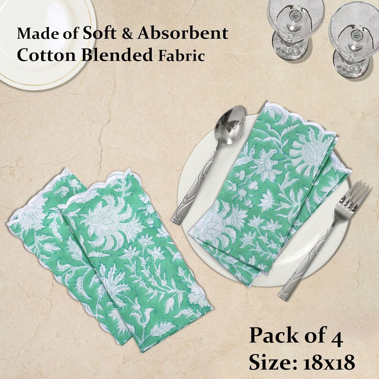 Ridhi Mint Green Cloth Napkins 100% Pure Cotton Farmhouse Wedding Dinner Napkins for Easter, Thanksgiving, Holiday Daily Wedding uses Napkins (4-20x20 Dinner Napkin)