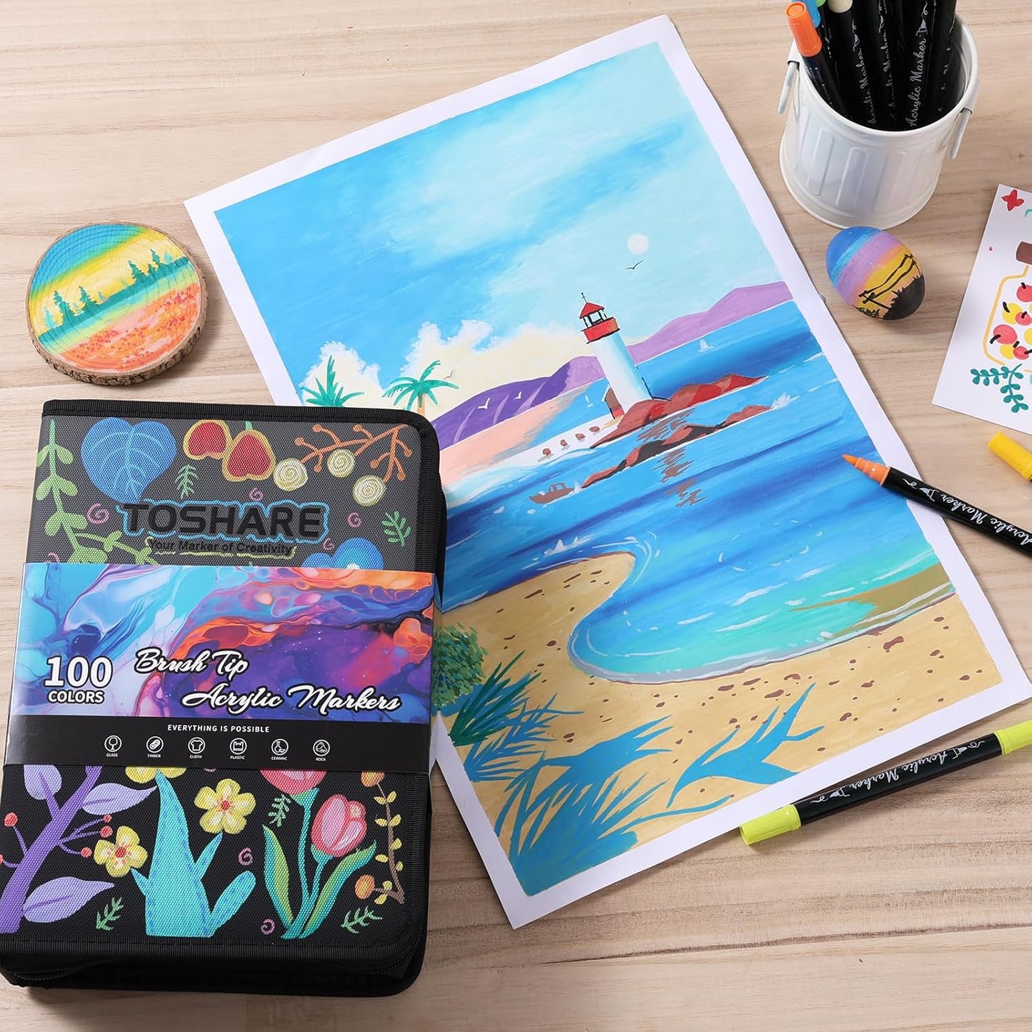 TOSAHRE Acrylic Paint Pens Markers 100 Colors Waterproof Dual Tip Acrylic Markers Set with Brush & Fine Tip Coloring Pens for Rock Painting Wood Scrapbook Fabric Glass Ceramic DIY Craft Art Supplies