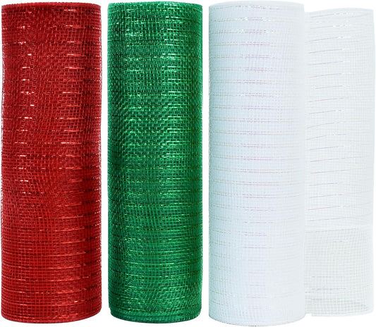 TONIFUL 3 Roll 10 Inch Red White and Green Decorative Mesh Ribbon Rolls, Fabric Mesh with Foil for Wreaths Front Door Decor Christmas Festival Party Accessories Party Decoration Supplies (10yds/roll