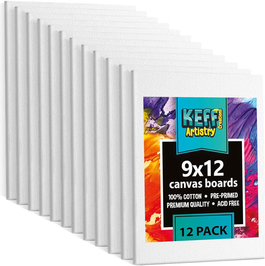 KEFF 12-Pack Bulk Canvas Boards, 9x12 Canvas for Acrylic, Oil, Watercolor, Tempera - 100% Cotton Primed Painting Canvas