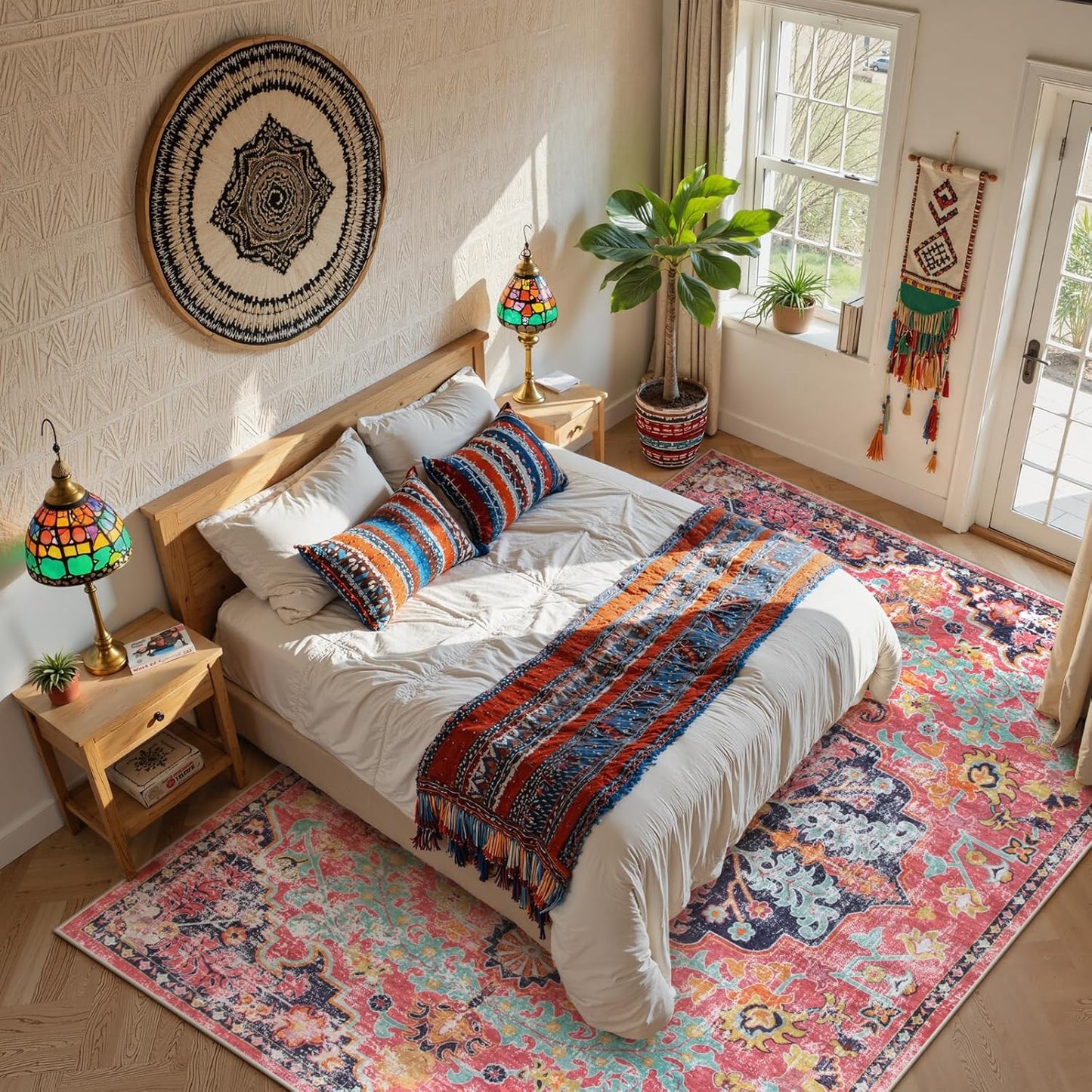 Lahome 8x10 Area Rugs for Living Room, Washable Rugs for Bedroom Aesthetic Large Dining Room Rugs for Under Table, Bohemian Printed Low Pile Nursery Carpet for Playroom Home Office, Fuchsia/Multi