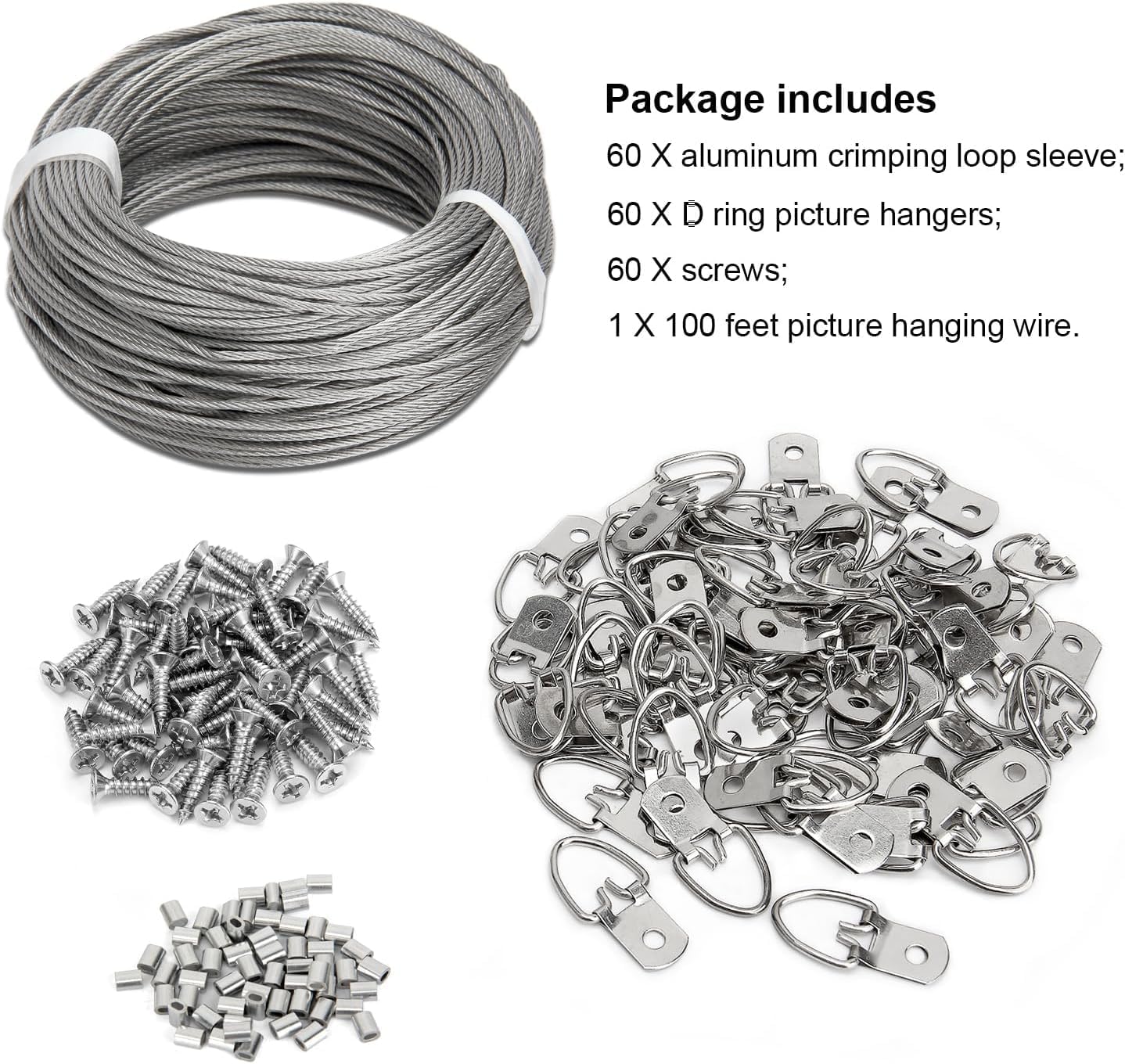 Picture Hanging Wire Kit, 100 FT Braided Hanging Wire, 60pcs D Ring Picture Hangers , 60pcs Aluminum Crimping Loop Sleeve, 60pcs Screws, for Hanging Pictures Painting Hanging Kit Photo Frames