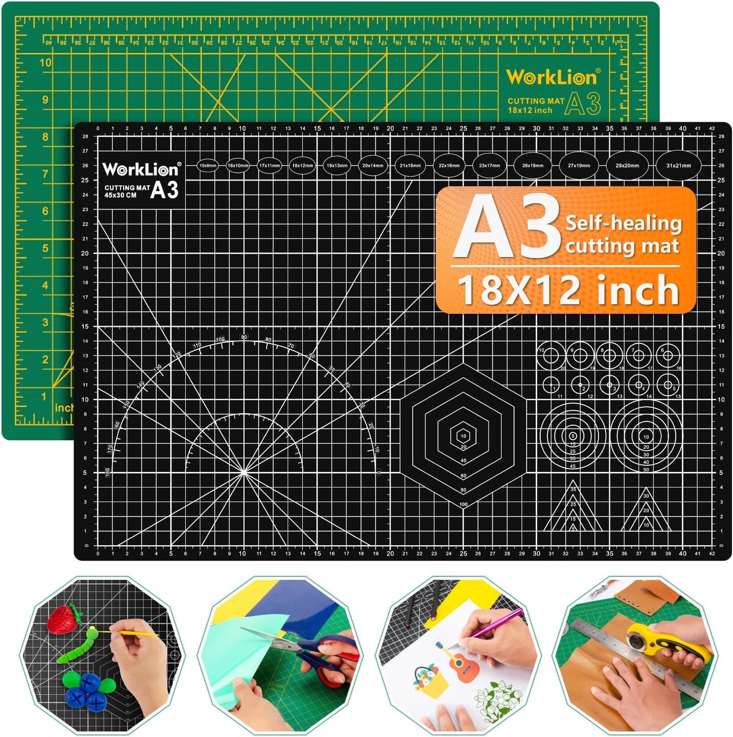 Worklion Self Healing Craft Mat: 18"x12" Rotary Cutting Mat for Sewing,Quilting,Leather,Craft,Fabric,Model,Art,Clay,5-layer 2-sided Cutting Mat, green and black