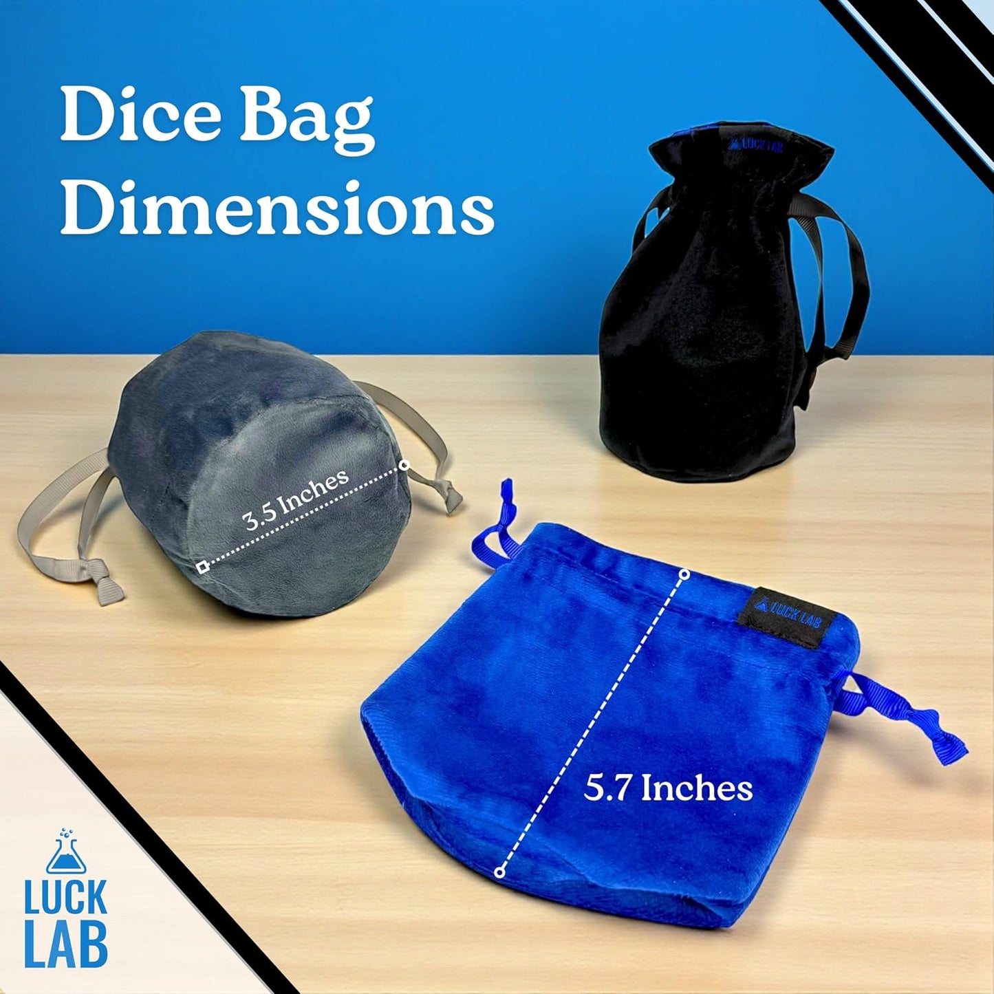 Luck Lab Velvet Drawstring Dice Bag - Set of Three Colors - Dungeons and Dragons Fabric/Standing Cotton Fabric Dice Bags/D&D Dice Pouch/Small Pouch/Velvet Jewelry Bag (Blue, Black, Grey)