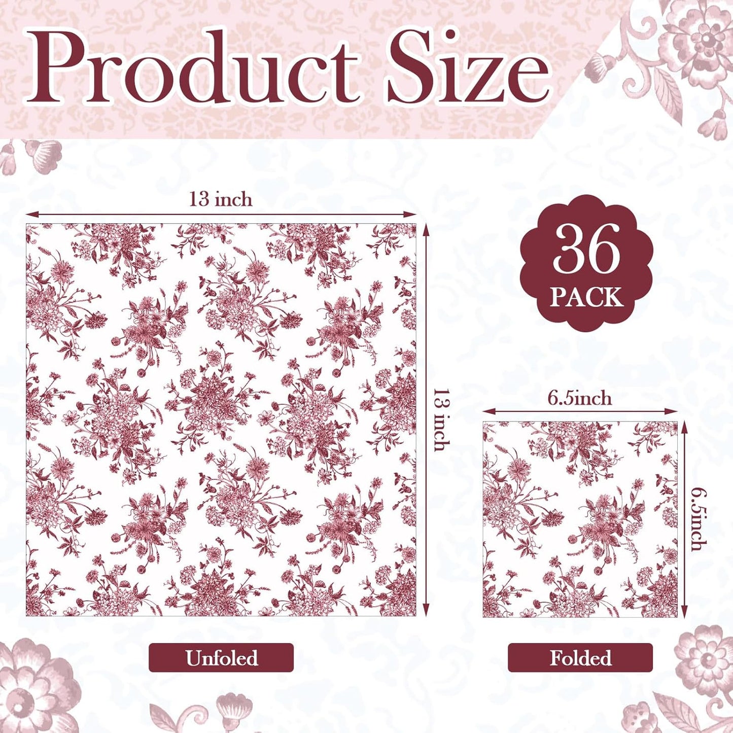 Epakh 36 Pack 6 Style Burgundy Decoupage Paper Napkins Assorted Floral Decorative Decoupage Napkin Chinoiserie Cocktail Paper for DIY Crafting Fall Christmas Wedding Party Decor, Each Unfolded 13''