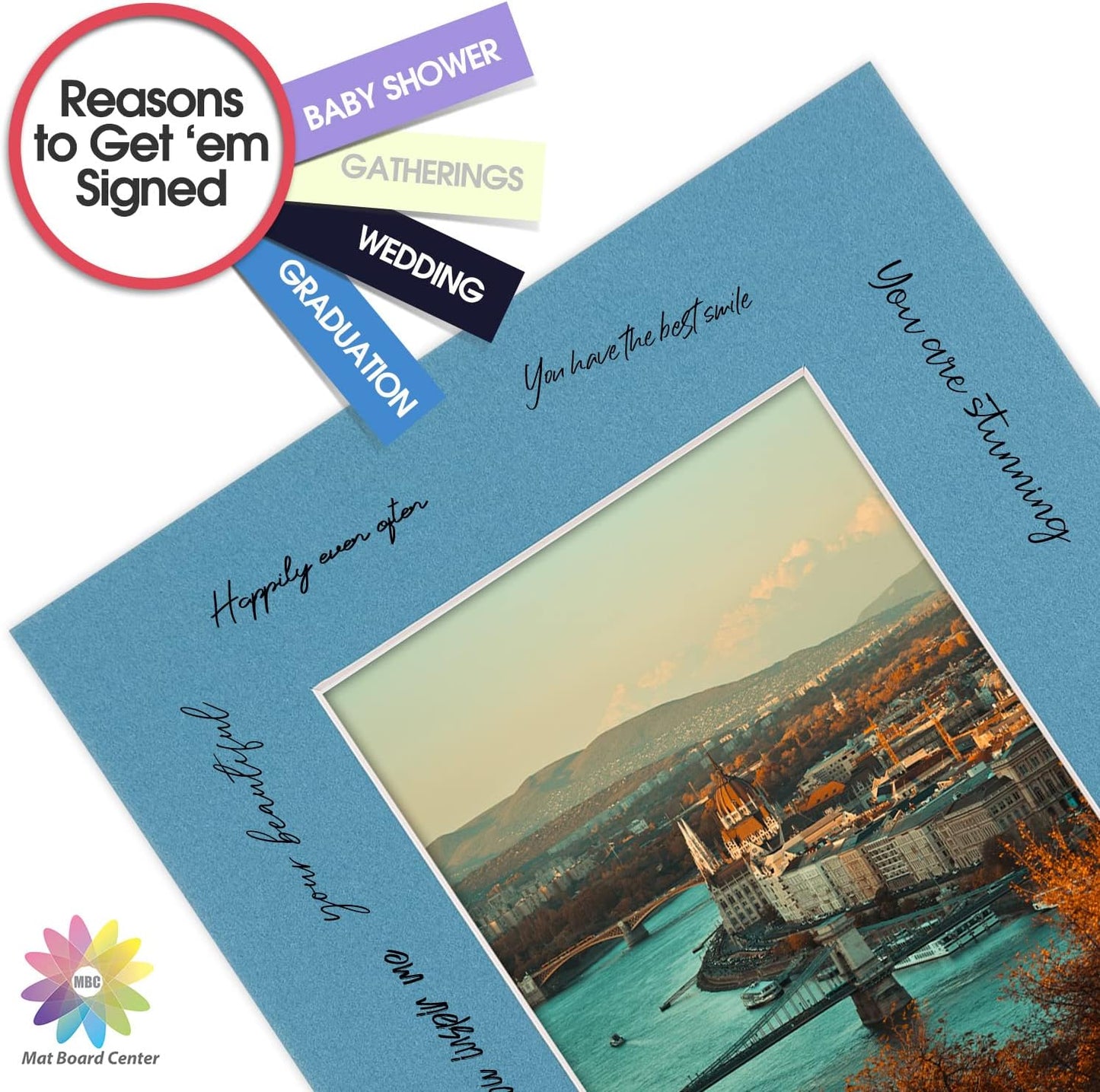 Mat Board Center, Pack of 10, 8x10 for 5x7 Dynamic Blue Color Mats - Bevel Cut, Acid Free, 4-ply Thickness, White Core - for Pictures, Photos, Framing