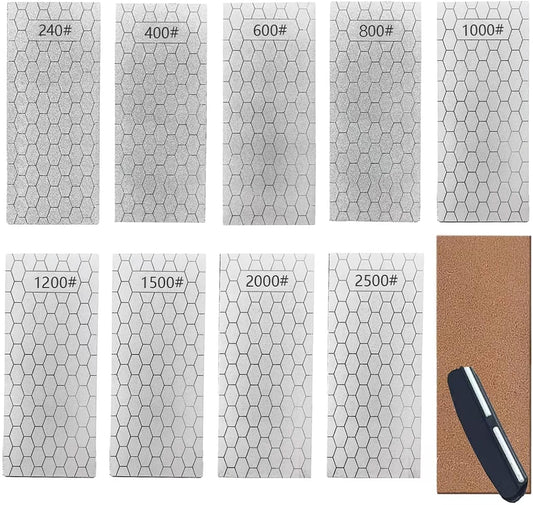 Diamond Sharpening Stone, Honeycomb Surface Plate with Non-slip Base for Pocket Knives Scissors (240/400/600/800/1000/1200/1500/2000/3000 Grit, with Angle Guide and Leather)