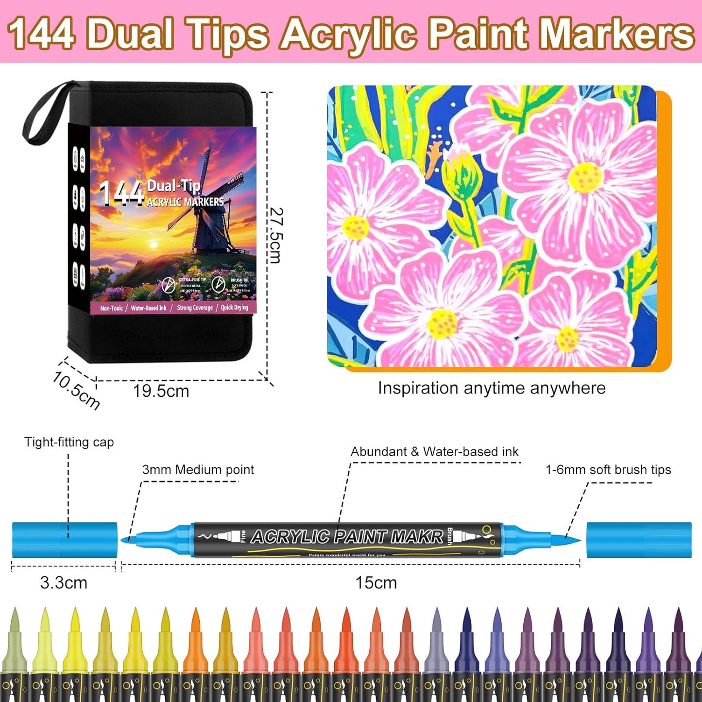 144 Colors Dual Tip Acrylic Paint Markers，Waterproof, Non-Toxic, Odorless Acrylic Markers Pens，Paint Pens & Paint Markers for Rock, Wood, Glass, Stone, Canvas, Ceramic, Fabric and Paper Painting