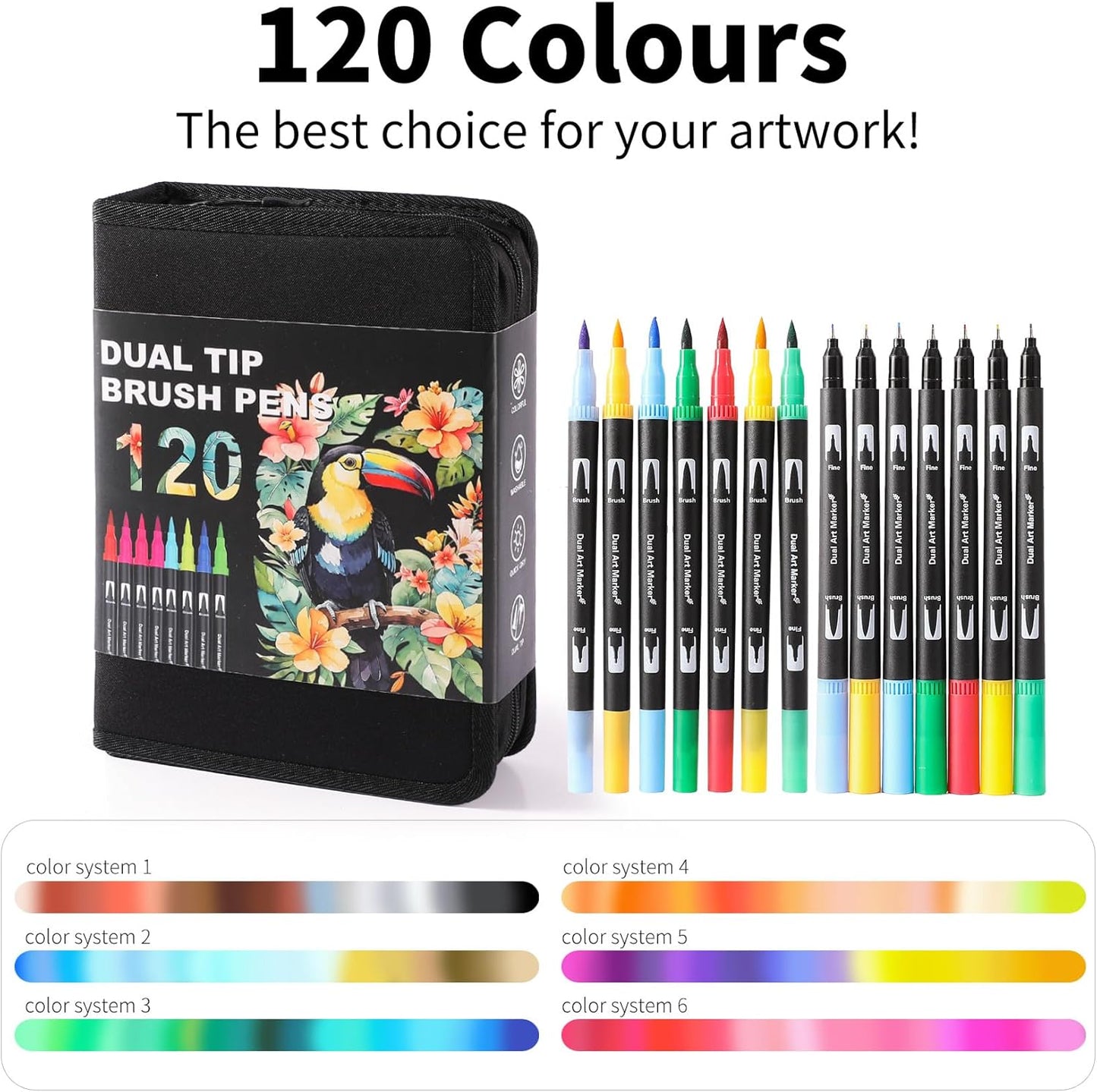 Dual Tip Markers, Double Brush Art Markers Set with Fine Tip and Brush Tip for Adult Coloring Book, Hand Lettering, Calligraphy & Drawing, Art Supplies Kit for Kids and Adults (120 Colors)