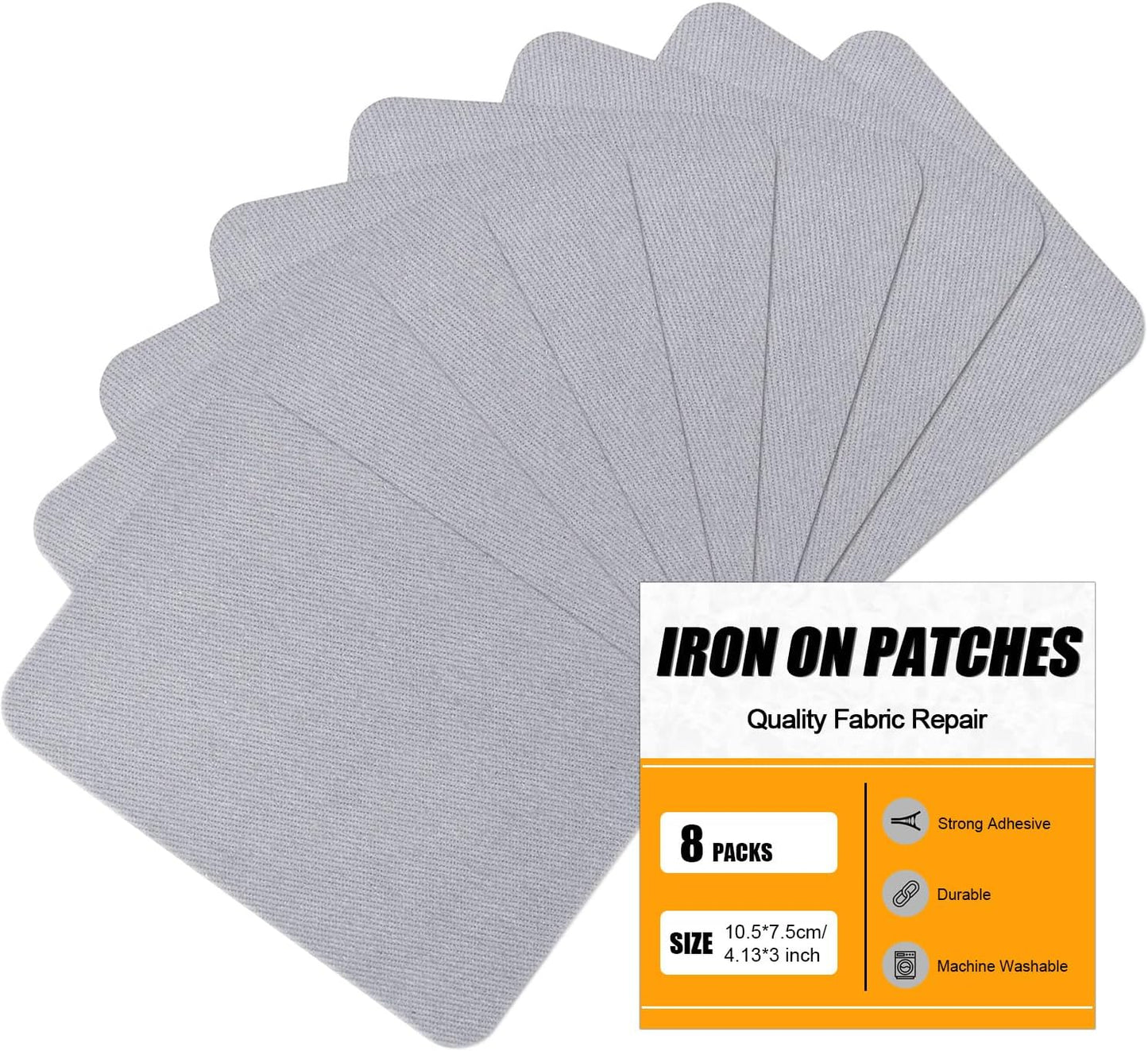 MOONSJONES Iron on Patches for Clothes Fabric Repair, 8 PCS Premium Strongest Glue Cotton Gear Reparing Patch for Holes Inside & Outside Pants, Jeans, Jacket, Hat, Canvas (7.5 cm x 10.5 cm-light gray)