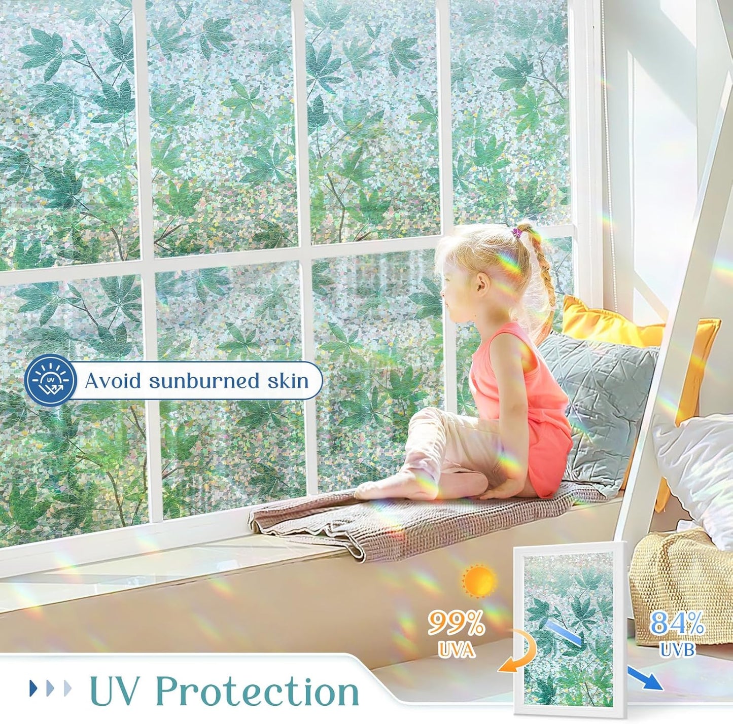 Haton Window Privacy Film, Decorative Stained Glass Window Clings, 3D UV Sun Blocking Sticker, Removable Static Cling Heat Control Tint for Home Door, Leaf Rainbow, 35.4" x 157.4" Non-Adhesive