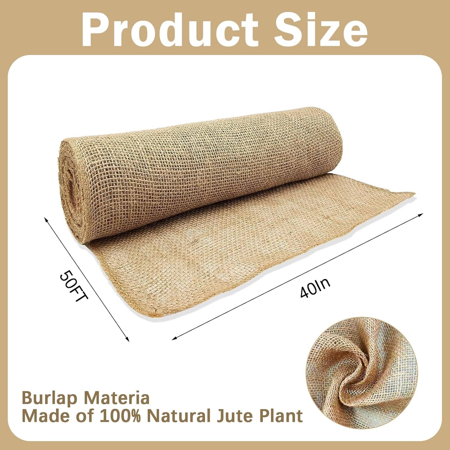 40InX50FT Burlap Rolls Multipurpose Jute Burlap Fabric for Garden Tree Wrap Outdoor Weed Barrier Protection for Plant Shrubs DIY Craft Projects and Party Decor