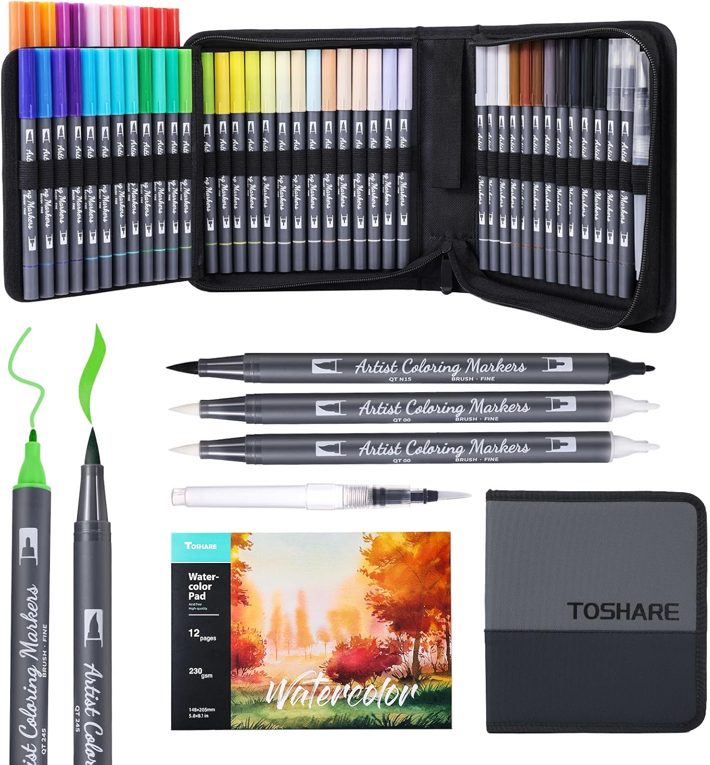 Watercolor Pens Set, 48-Color Dual Tip Paint Markers, Water-Based Coloring Markers with 1 Aquapen, 2 Colorless Blenders, 1 Black Marker, and 12-Page Pad, Paint Supply for Artists & Beginners