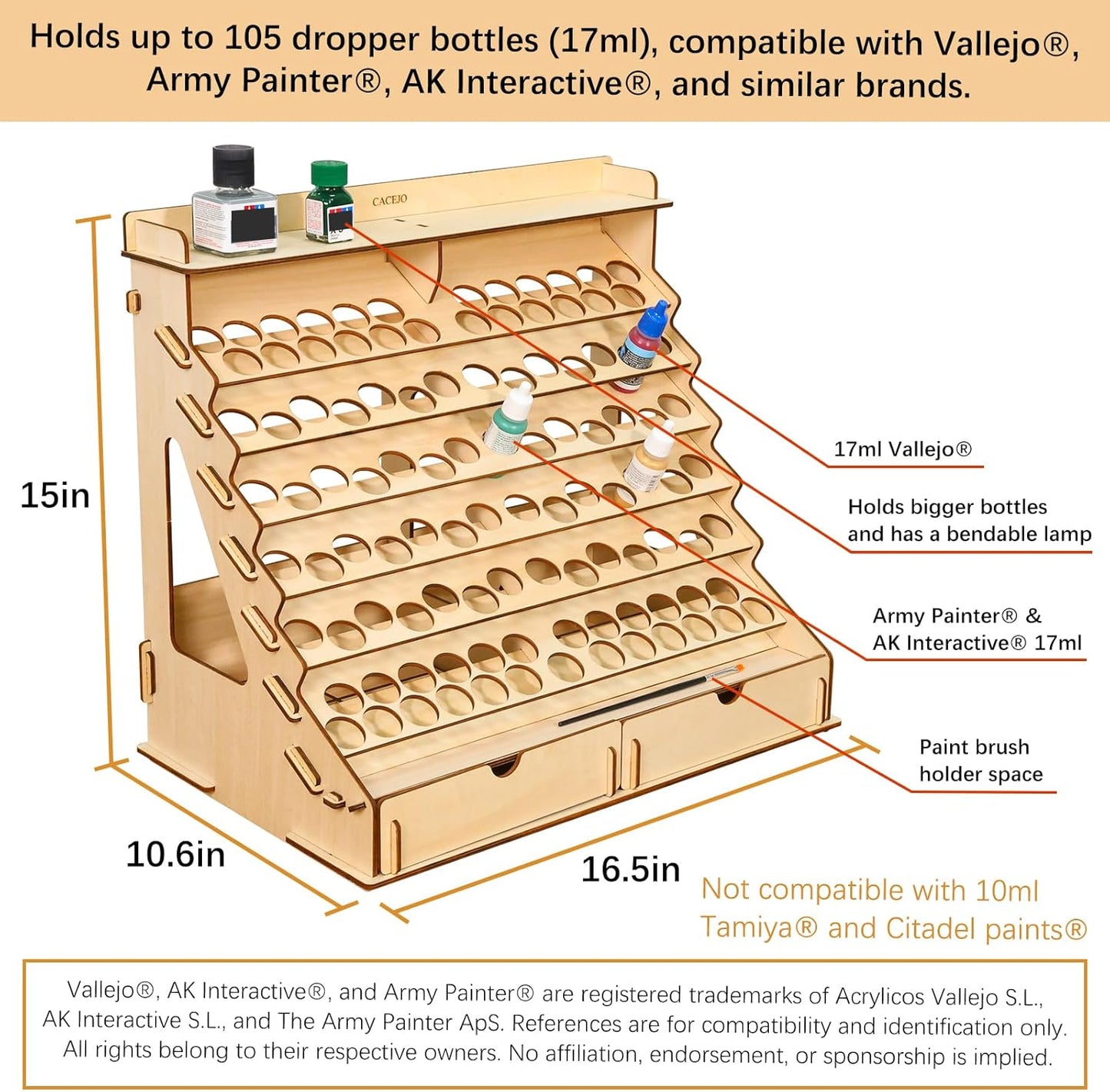 Paint Organizer with Brush Holder – 105-Bottle Holder with 6 Miniature Stands – Brush and Paint Storage for Miniature Painting