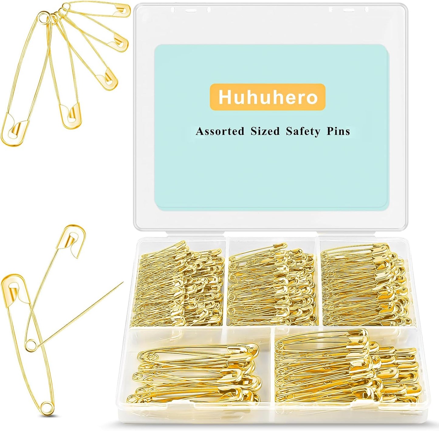 Safety Pins Assorted, 340 Pack 5 Different Sizes Small and Large Safety Pin for Clothes Costume Sewing, Nickel Plated Steel, Arts and Crafts Supplies, Gold