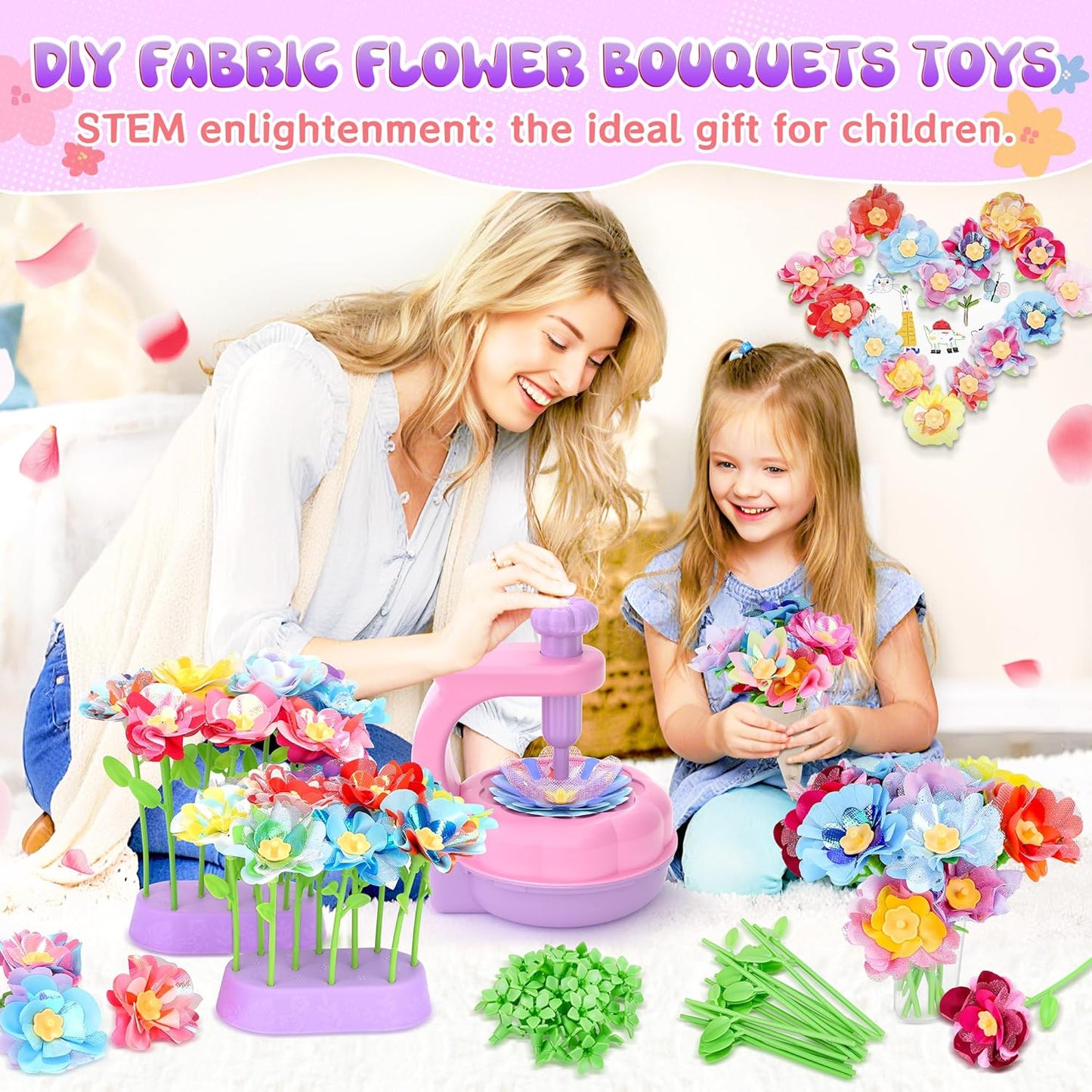 GirlsHome 300+PCS Fabric Flower Bouquets Toys, DIY Flower Crafts Kits for Kids, Arts and Crafts for Kids Ages 6-8 Girls, Build Flower Bouquet, STEM Educational Toy Preschool Gifts (Purple Pink)