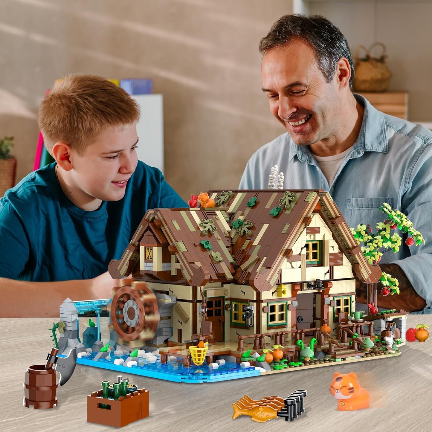 Wood Cabin Building Set with Light, 2570 PCS Wooden Forest House Mini Building Block Toy with Waterwheel Pond Animals, Big House Construction Model for Adults Teens Kids Boys Girls 10-12+