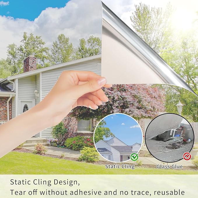 Filmgoo Window Privacy Film One Way Daytime Mirror Tint Treatments UV Heat Control Vinyl Stickers Sun Block Glass Paper Door Covering Reflective 35.4 Inch x 78 Inch Silver