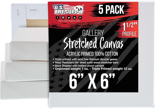 U.S. Art Supply Square Stretched Canvas for Painting 6x6 inch Gallery Depth 1-1/2" Thick, 5-Pack - 12oz Acrylic Gesso Triple Primed, Professional Artist Quality, 100% Cotton - Pouring, Oil Paint