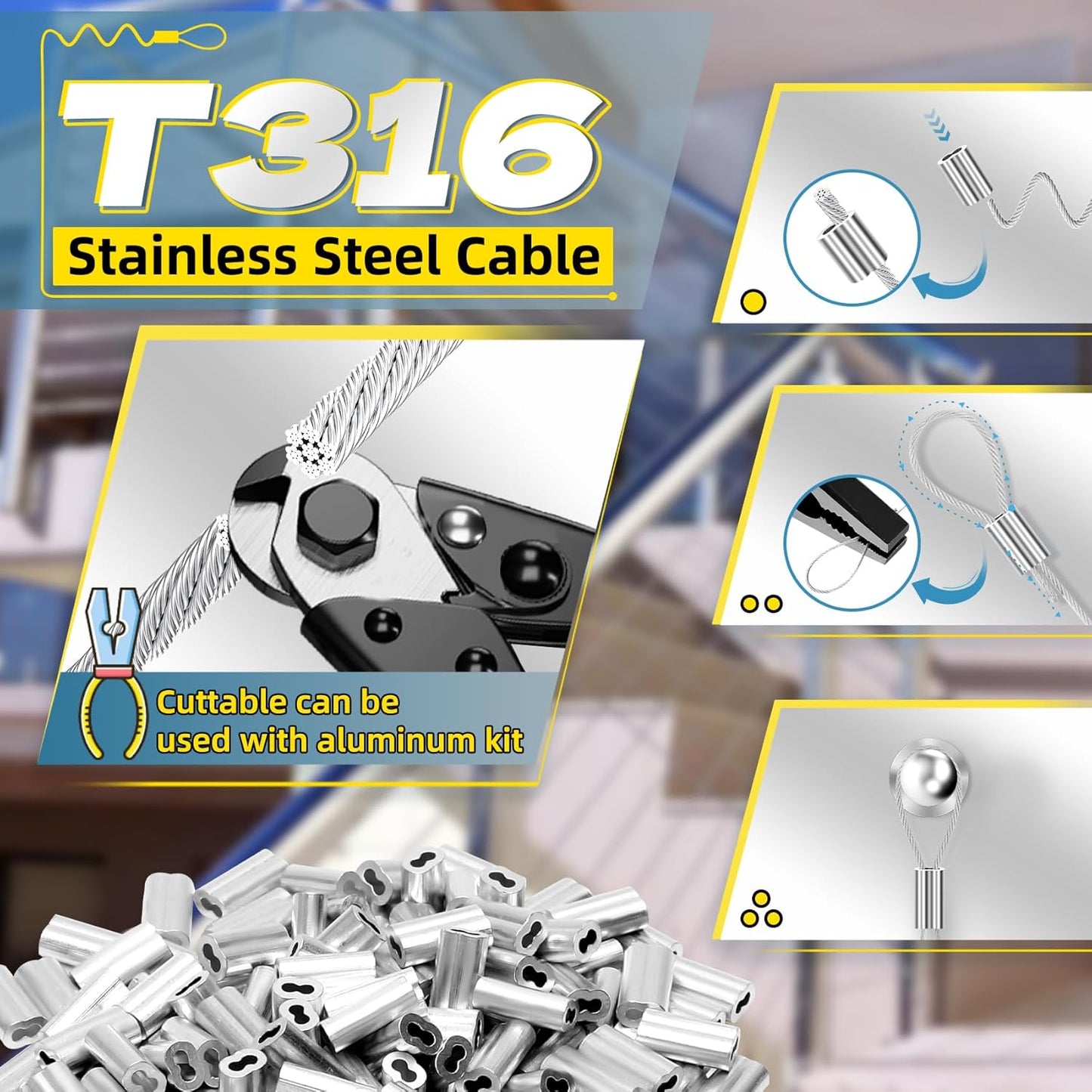 316 Stainless Steel Cable, 1000FT 1/32IN Wire Rope with 250Pcs Aluminum Sleeves Stops, for String Lights Hanging, Clotheslines, Trellis Wire