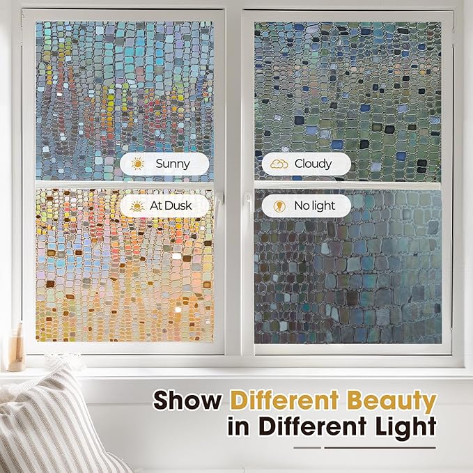 Windimiley Rainbow Window Privacy Film, 3D Stained Glass Christmas Decorative Window Clings, UV Heat Blocking Holographic Prism Stickers for Home (17.5 x 78.7In,Brown)