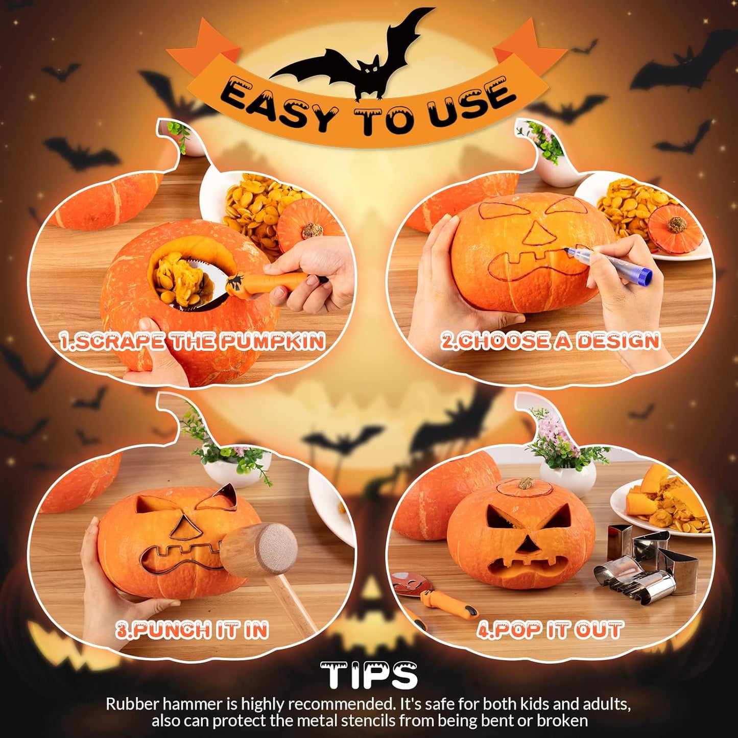 【With Hammer】Pumpkin Carving Kit Halloween, Safe and Easy Pumpkin Carving Set for Kids, DIY Stainless Steel Pumpkin Carving Tools for Halloween Decoration Jack-O-Lanterns, Gift for Halloween