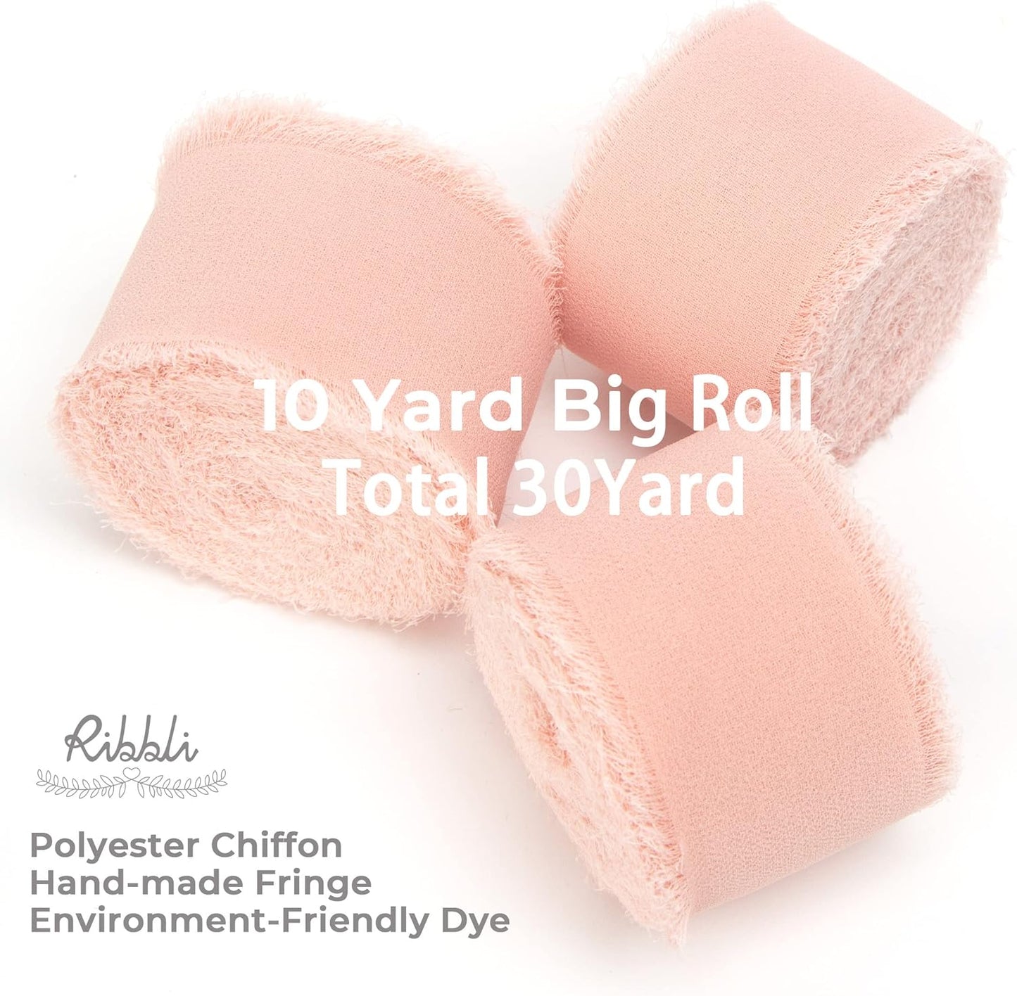 Ribbli Blush Pink Chiffon Ribbon - 1-1/2 inch x 30 Yard Handmade Fringe, Perfect for Wedding Invitations, Bridal Bouquets & Flower Arrangements