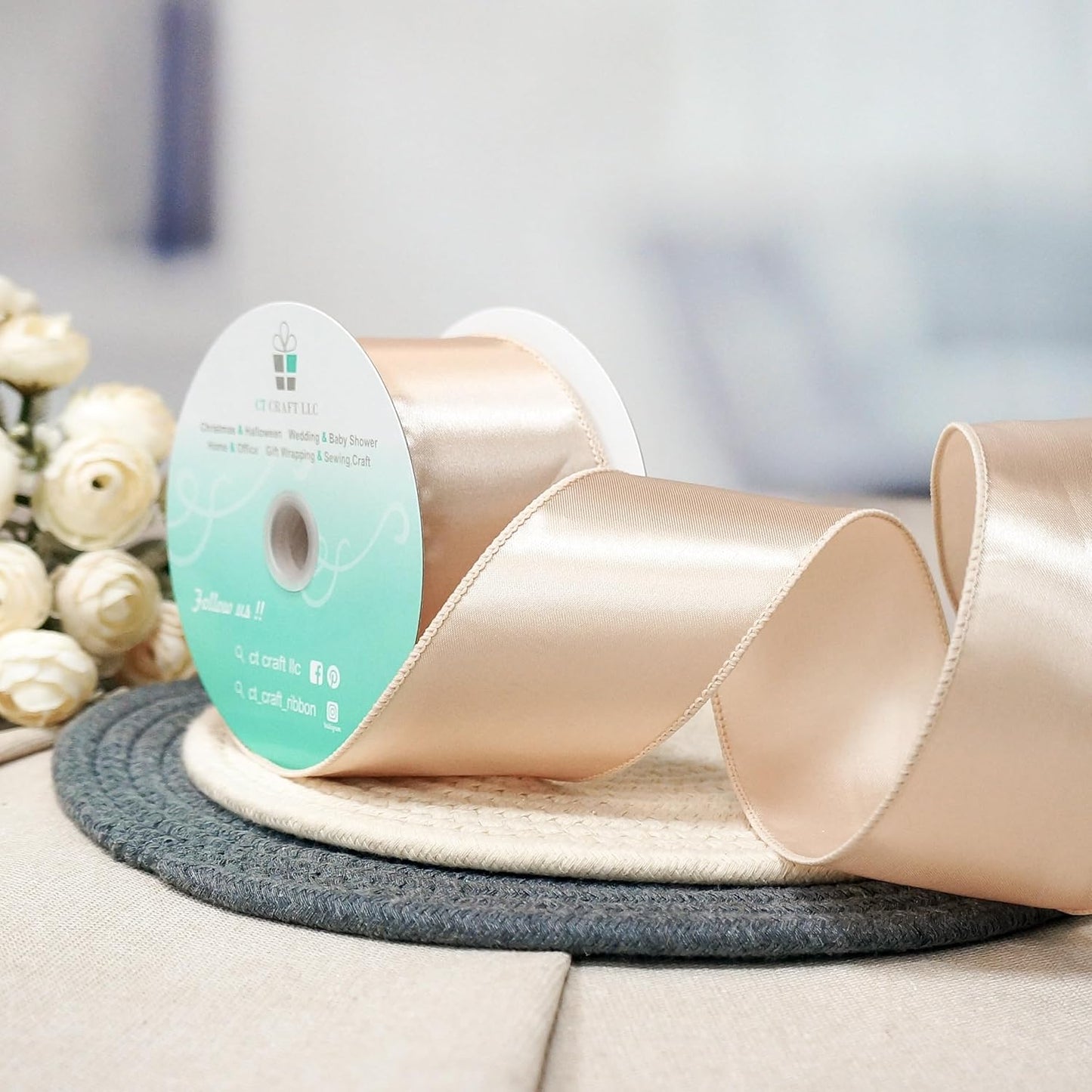 CT CRAFT LLC Satin Wired Ribbon 2.5 Inch x 20 Yards Champagne Gold for Christmas Home Décor Gift Wrapping Tree Topper Bow Wreath DIY Crafts,