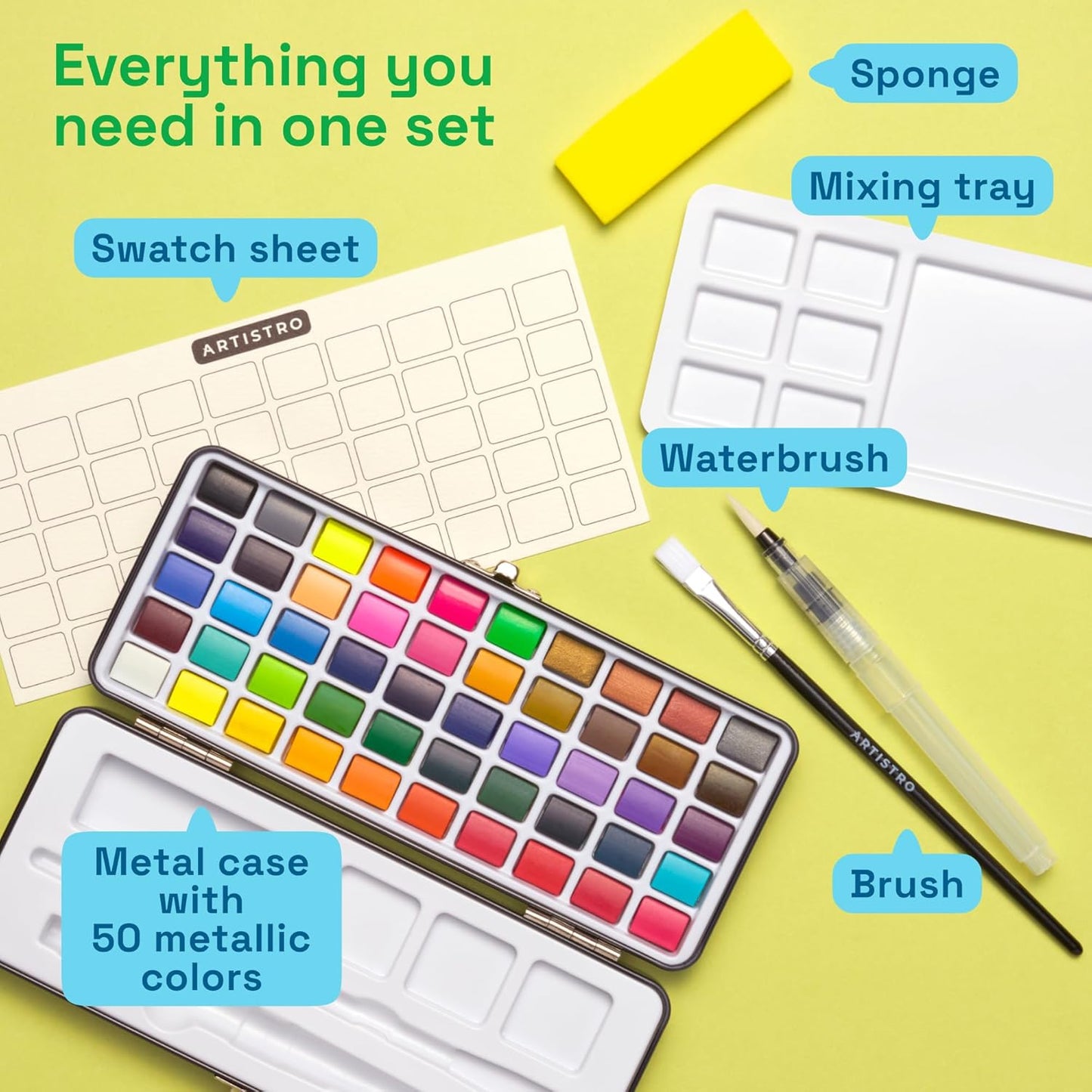 ARTISTRO 50 Watercolor Paint Set, Vivid Colors in Portable Box, Palette set. Perfect Travel Watercolor Set for Artists, Amateur Hobbyists and Painting