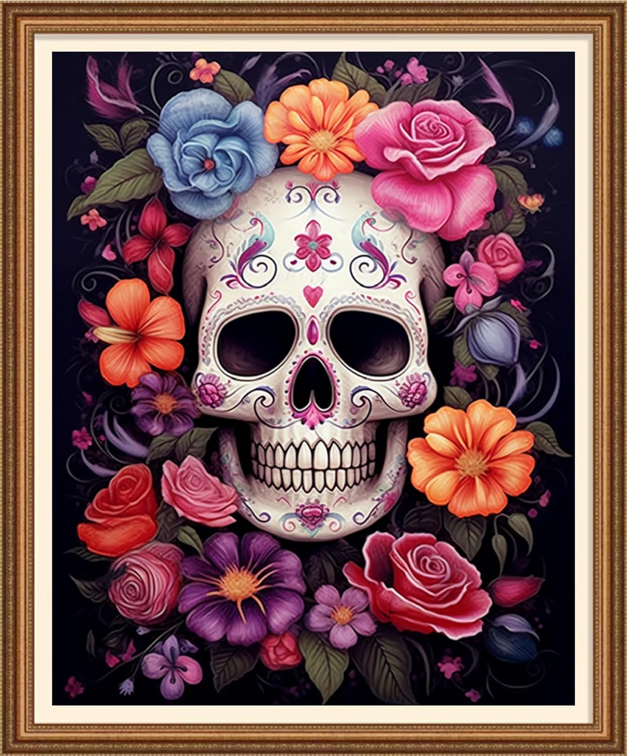 Disnesart Cross Stitch Stamped Full Embroidery Kits DIY 11CT Cotton Thread Printed DIY Needlepoint Kits Craft Needlework Set Cross-Stitch Stamped Sets- Colorful Flower Skull 16x20 inch