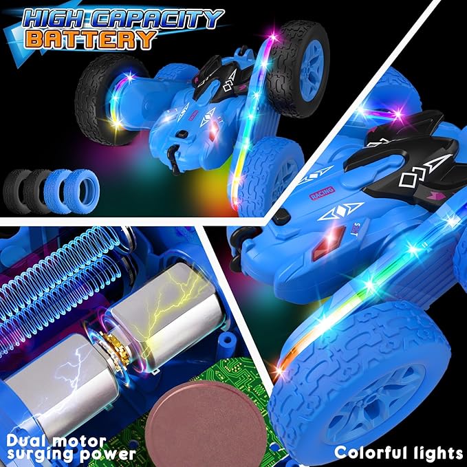Remote Control Car,RC Cars with Sides Light Strip and Headlights,Double Sided 360 Flips Rotating RC Stunt Car,2.4Ghz All Terrain Toys for Ages 4-8 Kids Toy for Boys Birthday Gift(Blue)