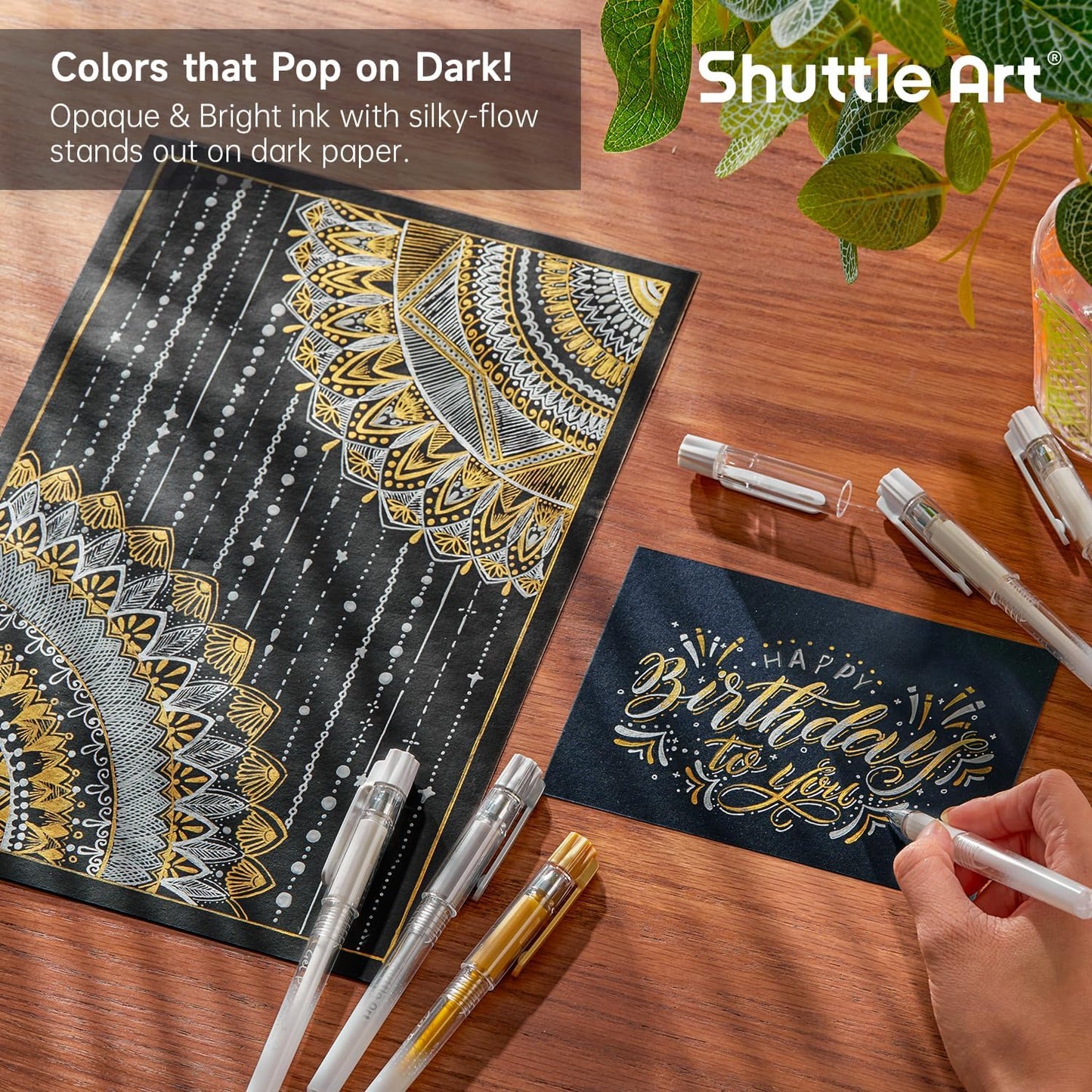 Shuttle Art White Gold Silver Gel Pens, 6 Pack 0.7mm, 1.0mm Metallic Gel Ink Pens Fine Point for Black Paper Highlighting Card Making Scrapbooking Coloring Writing Drawing School Office Home