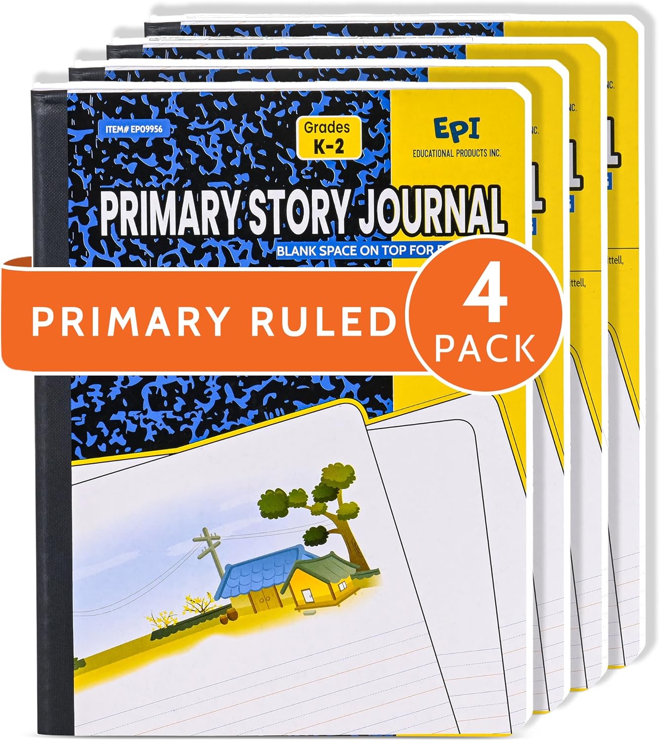 EPI Marble Hardcover Primary Ruled Composition Notebook | 200 Pages (100 Sheets), 9.75 x 7.5 in, Sturdy Sewn Binding | School, Office, Journaling, Notes - 4 Pack