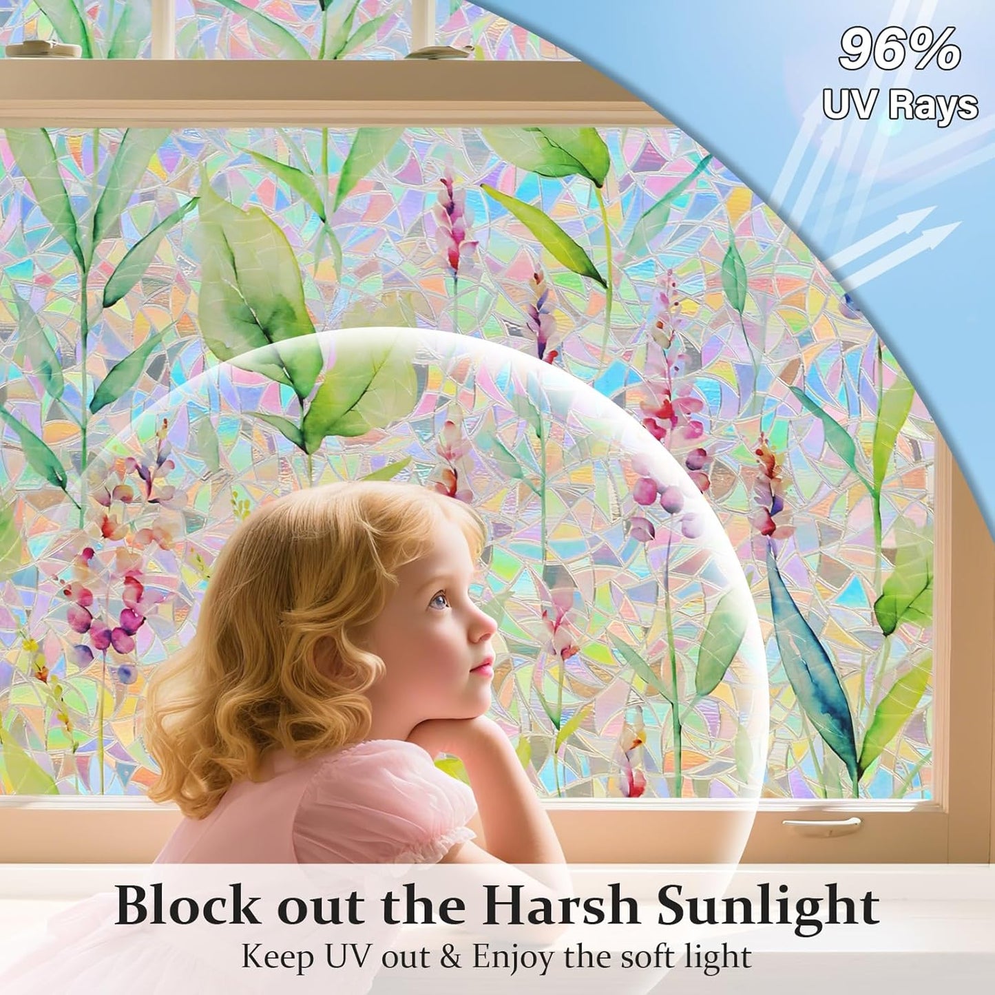 Donox Decorative Window Privacy Film, 3D Floral Stained Glass Window Film Static Cling Rainbow Privacy Sticker for Glass Door Heat Control Anti UV, No Adhesive (Gladiolus,17.5 x 157.4 inches)