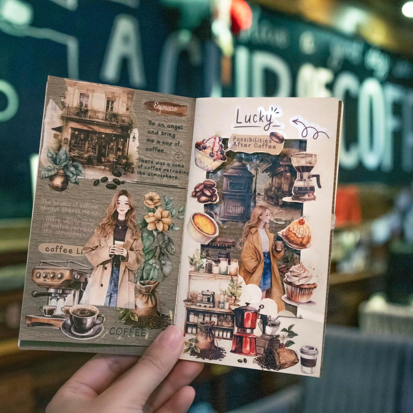 6Pcs Coffee Sticker Books, PET&Washi Stickers for Scrapbooking, DIY Crafts, Journaling Supplies & Junk Journal Ephemera