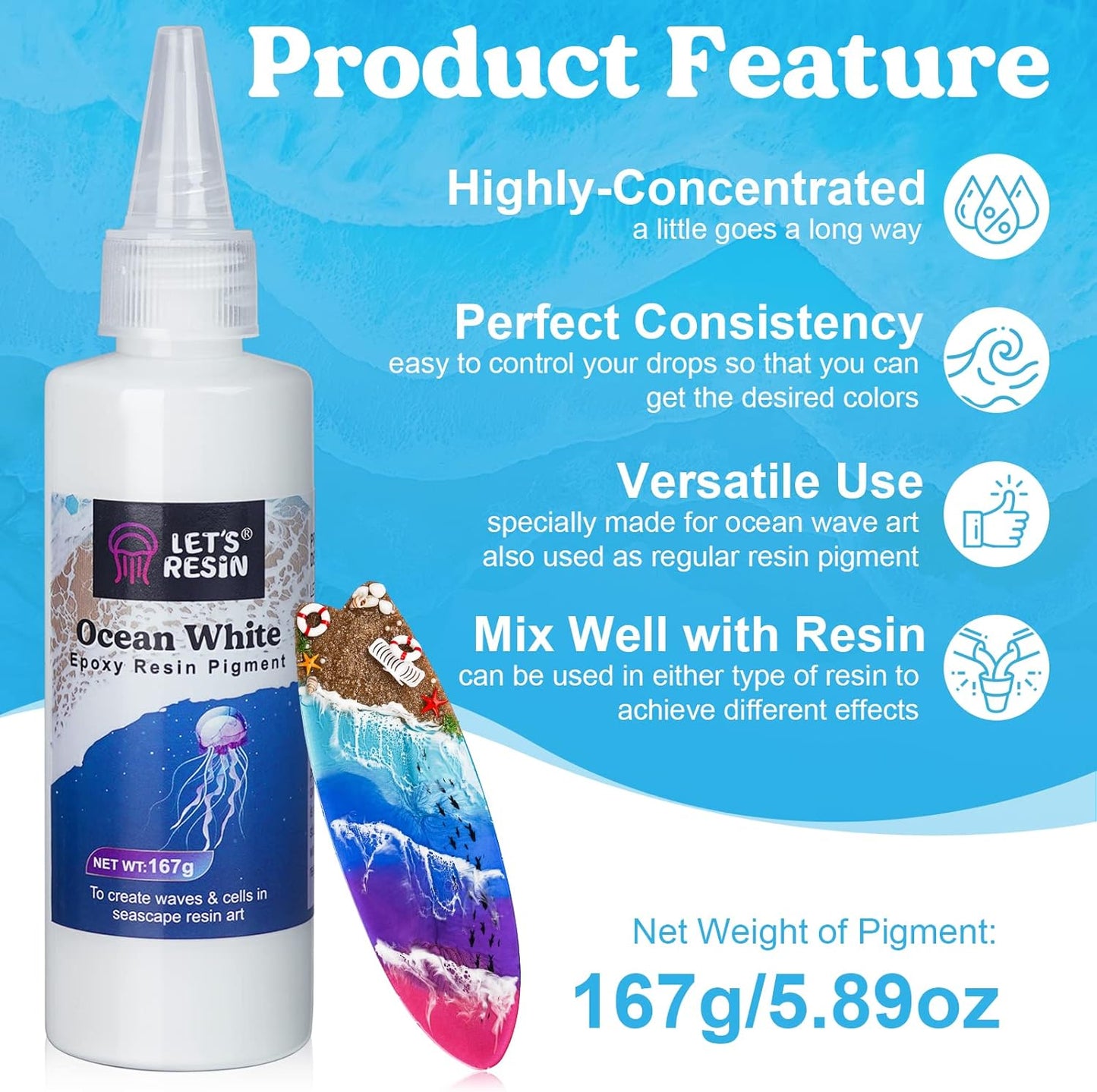 LET'S RESIN Ocean White Epoxy Resin Pigment 167g/5.89oz, High Concentrated Paste for Epoxy & UV Resin, UV Resistant Opaque Pigment for Creates Cells & Lacing, 3D Flower Coasters