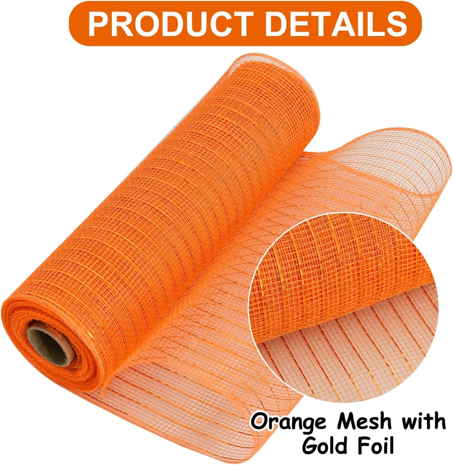 TONIFUL 2 Rolls 10 Inch Orange Decorative Mesh Ribbbon Rolls, Fabric Mesh with Foil for Wreath Supplies, Front Door Wreath Crafts Tree Decor Christmas Halloween Decoration Thanksgiving (10 yds/roll)