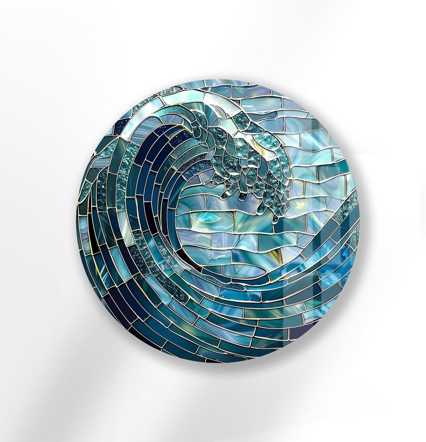 My Photostation.com 27.5''(70cm) Diameter Ocean Wave in Blue Mosaic Round Glass Wall Art Tempered Glass Printing Wall Decor Large Wall Art Wall Hangings