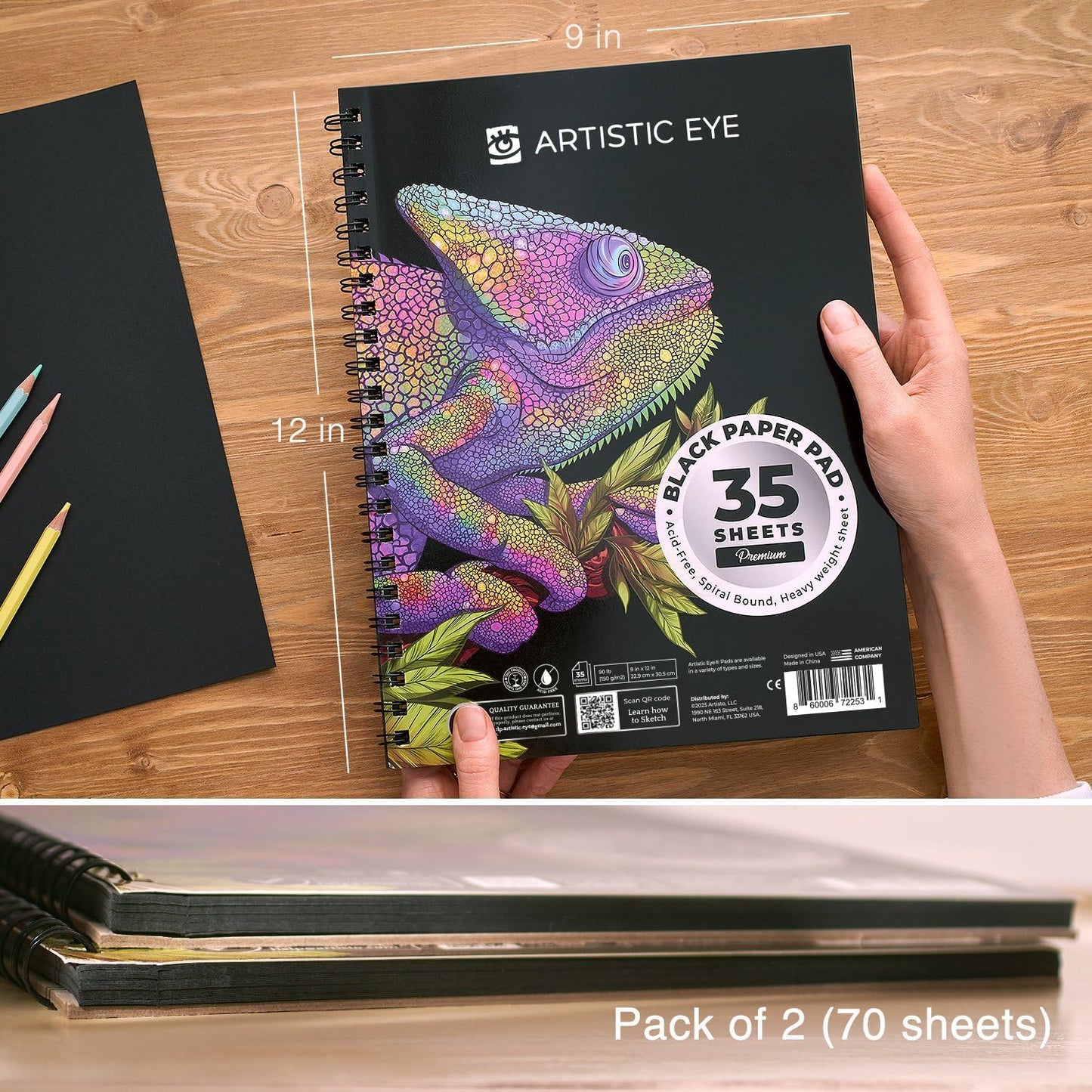 ARTISTIC EYE 9x12 Premium Black Paper Pads, Spiral Bound Sketchbook, Pack of 2, 70 Sheets (150g/m2), Acid-Free Drawing Paper, Ideal for Kids, Teens & Adults