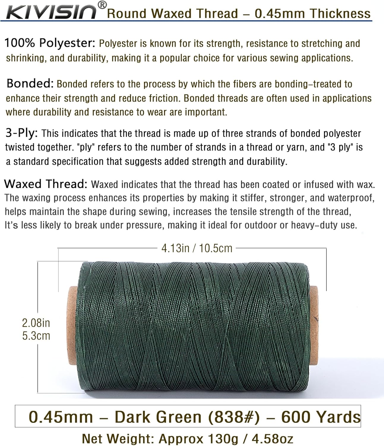 Thin Round Waxed Thread 0.45mm, 600 Yards, Dark Green, Light Duty Polyester Wax Coated String for Leather Sewing, Upholstery, Beading, Micro Knotting, Bracelets and Macrame Jewelry Making