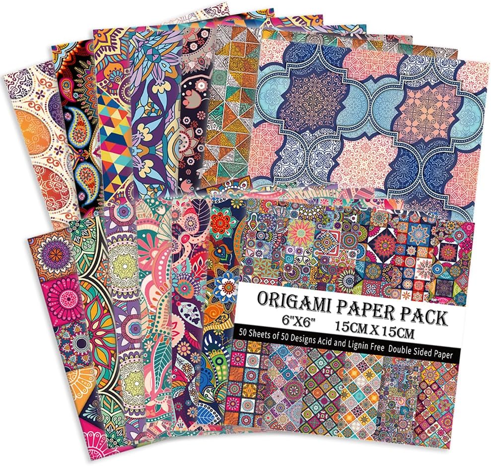 Origami Paper Kit 50 Sheets 70GSM 6 Inch Square Double Sided Color 50 Vivid Japanese Washi Chiyo Colors for Hand Crafts Origami Paper Arts Creativity.Ethnic Style