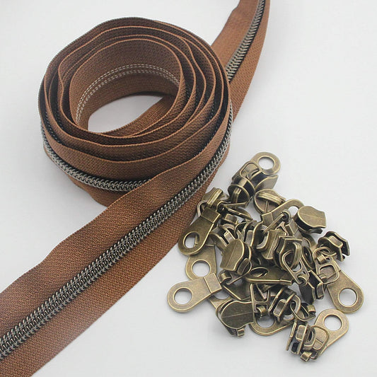Leekayer #5 Antique Brass Metallic Nylon Coil Zippers by The Yard Bulk 10 Yards (Brown Tape with 25pcs Brass Sliders for DIY Sewing Tailor Craft Bag(Brown)