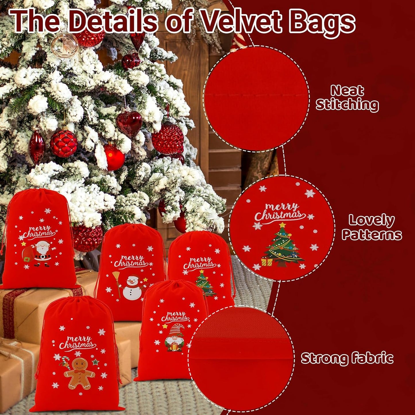 Tapleap Velvet Coth Christmas Bags with Drawstring, 50Pcs 7x10 for Wrapping Christmas Party Favors or Gifts for Friends, Small Bussiness, Coworkers