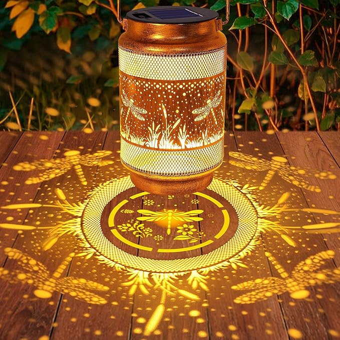 2 Pack Dragonfly Solar Lanterns Outdoor Waterproof Solar Garden Decor, Birthday Gifts for Women Mom Grandma, Metal Hanging Lights with Shepherd Hook for Outside Yard Patio Pathway Porch