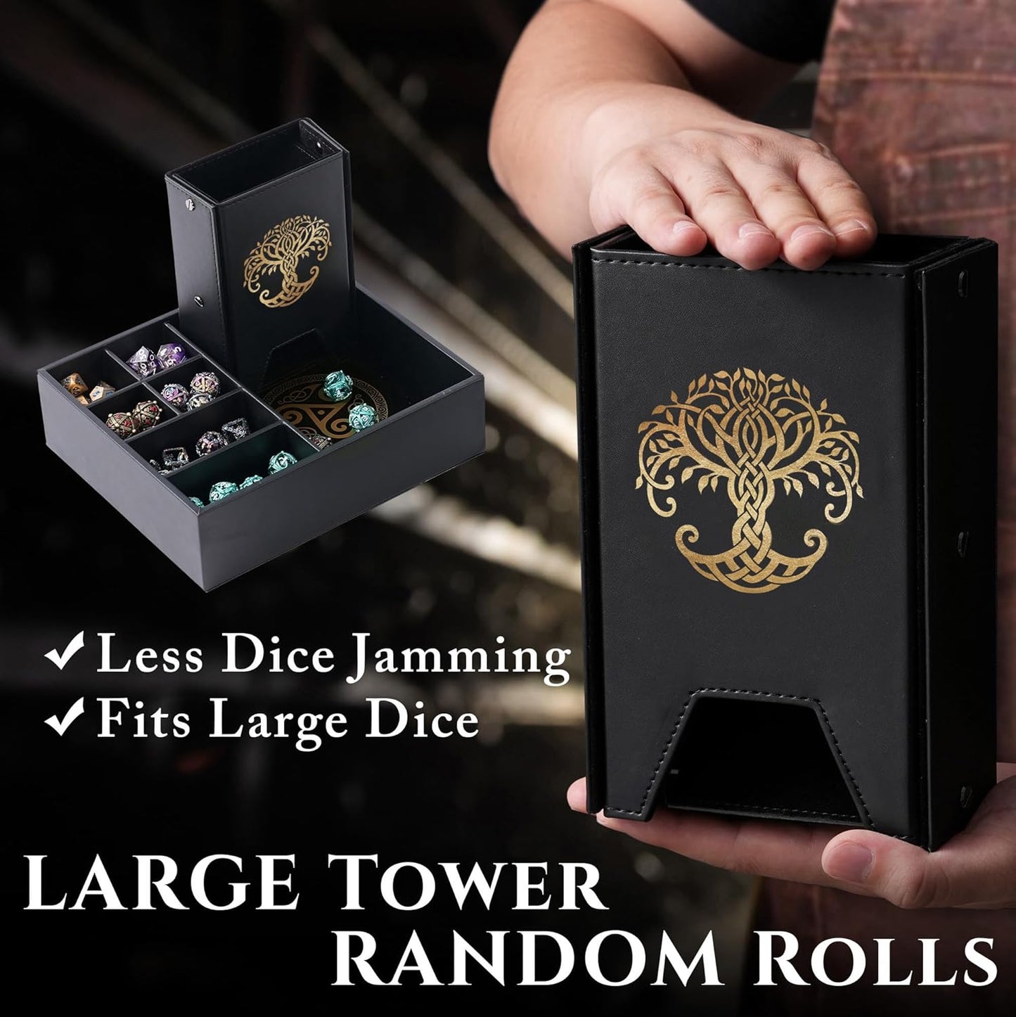 Dice Tray and Dice Tower for DND and RPG - All-in-One Game Roamer Tray & Large Tower for Random Rolls - Stores Your Sets, Mini's and More Compatible with D&D (Gold Tree)