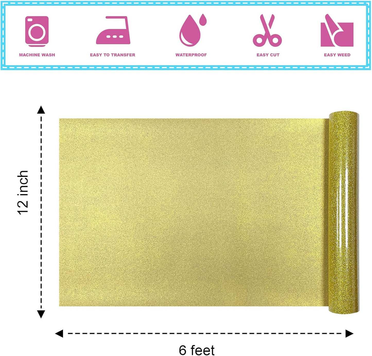 Gold Glitter Heat Transfer Vinyl 12Inch*6FT Glitter Iron on Vinyl for T Shirts Easy to Cut and Weed Compatible with All Cutter Machines HTV Vinyl Iron on for Cricut (Gold, 12Inch*6Ft)