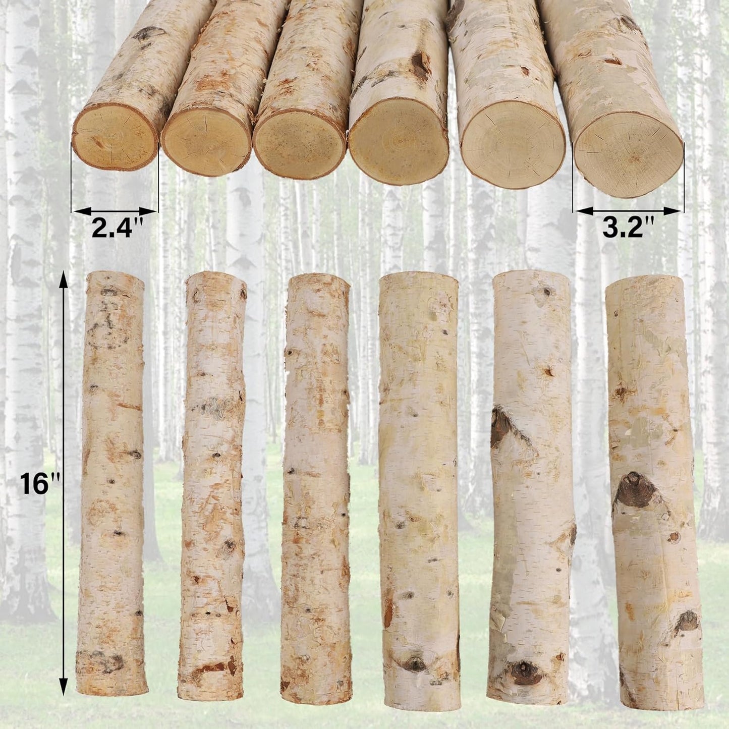 6-Pack White Birch Logs for Fireplace - Birch Tree Logs for Decoration, Decorative Firewood for Faux Mantel, Indoor Decor, DIY Crafts, and Planter Decoration (2.4"-3.2" Dia. x 16" Long)