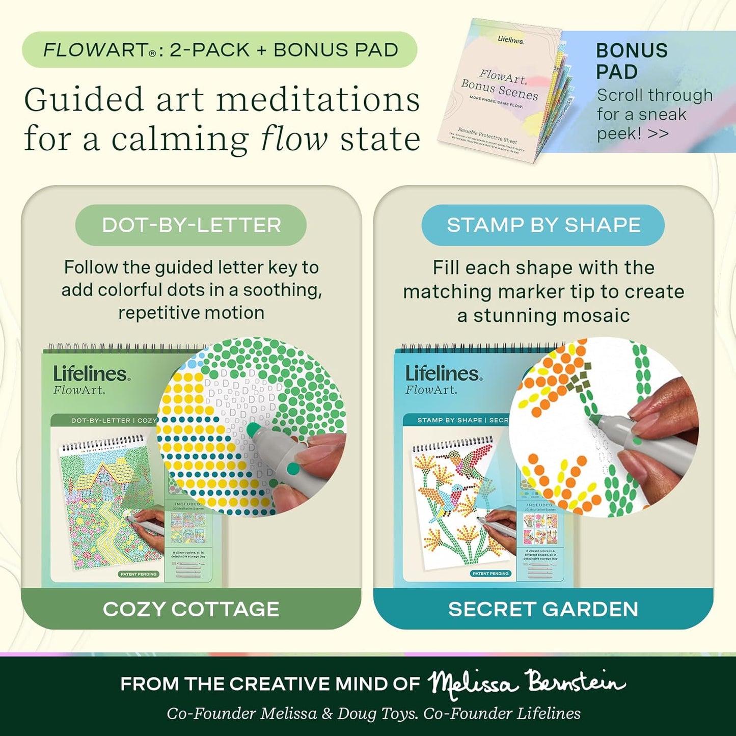Lifelines FlowArt Activity Pad, 2-Pack & Bonus Pad - Guided Dot Art Meditations with Markers - Dot-by-Letter & Stamp-by-Shape Coloring Books for Tweens, Adults & Seniors