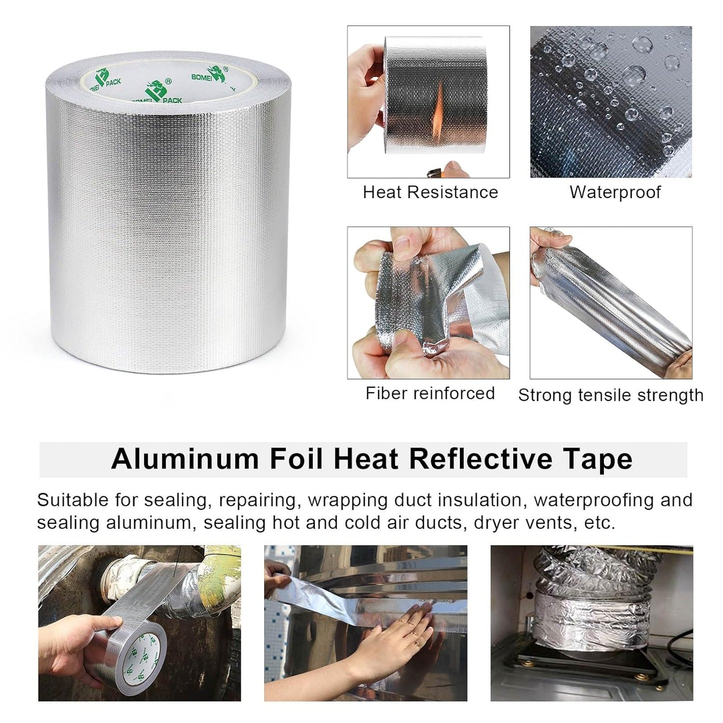 BOMEI PACK Adhesive Aluminum Foil Heat Shield Tape Barrier, Fiberglass Thermal Insulation Reflective Material High Temp Protection (5in*66ft)