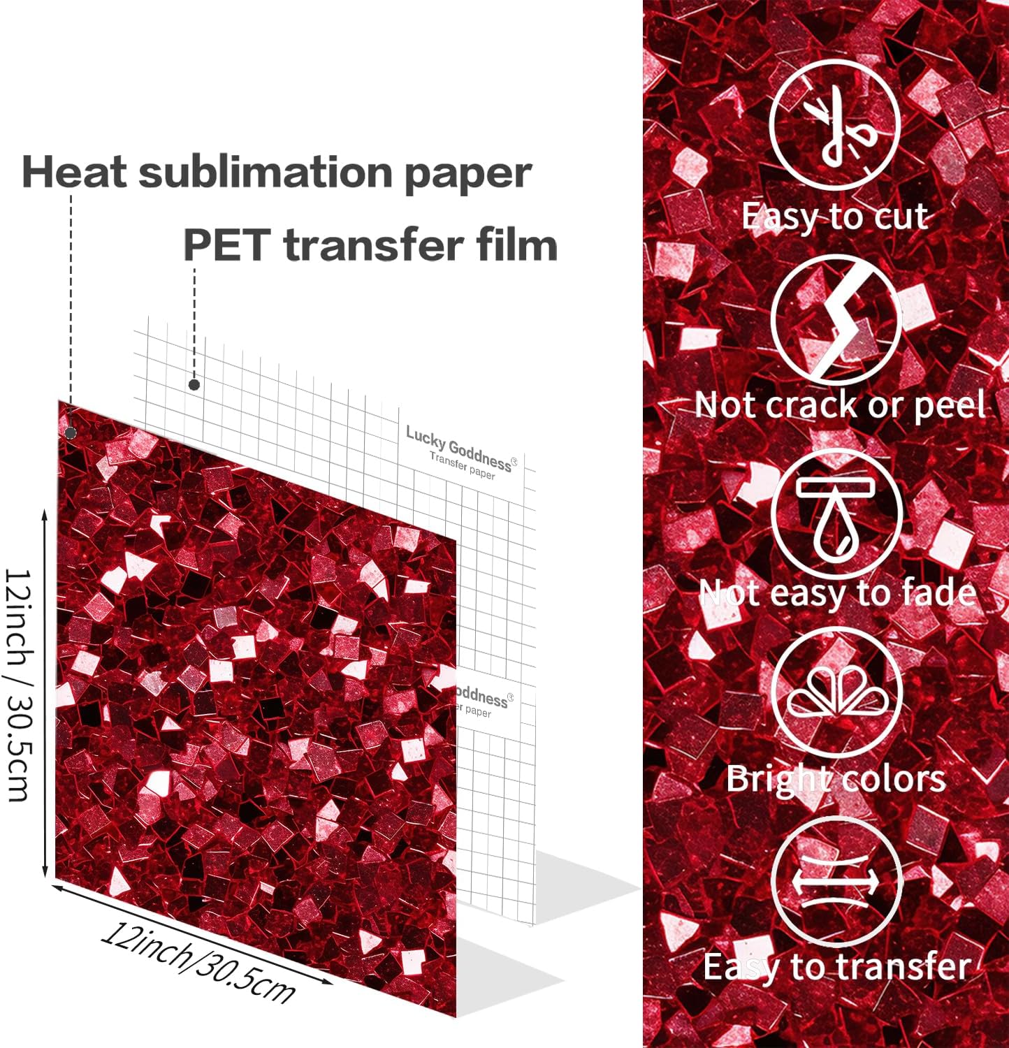 Red Sublimation Transfer Sheets for Heat Press Machine, 12x12inch Glitter Sublimation Paper for Tumblers Blanks Tshirts,8 Sheets